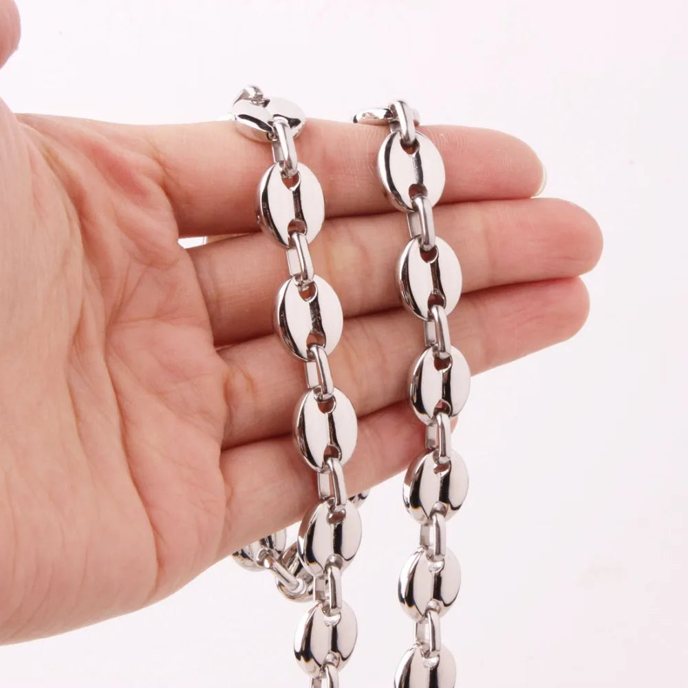 7/9/11mm 7-40" High Quality Mens Womens 316L Stainless Steel Silver Gold Color Coffee Bean Beads Chain Necklace or Bracelet