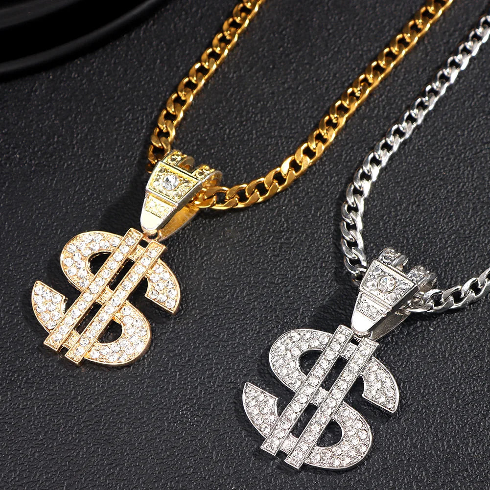 Bling Rhinestone Dollar Pendant Necklace For Men Silver Color Iced out 13mm Cuban Chain Choker Necklaces Hiphop Rap Rock Jewelry