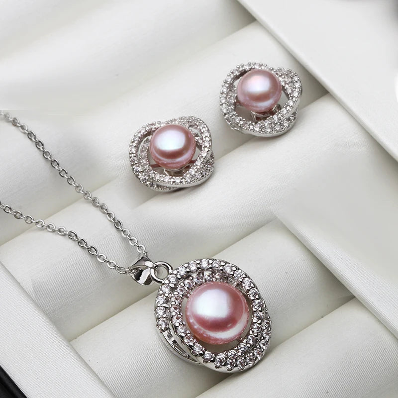 Real Cultured Natural Pearl Necklace Earring Set For Women,Elegant 925 Sterling Silver Pearl Earring Set Wife Anniversary White