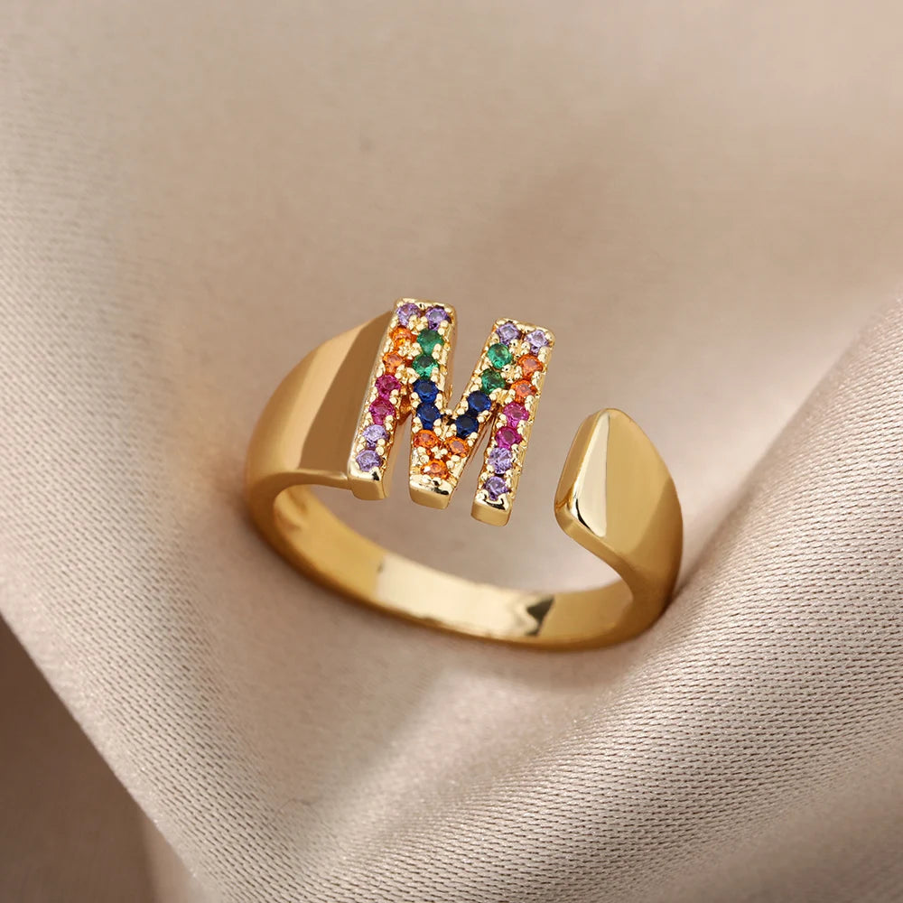 Rainbow Zircon Letter Rings For Women Fashion Chunky Wide Letter A-Z Stainless Steel Ring Wedding Boho Jewelry free shipping