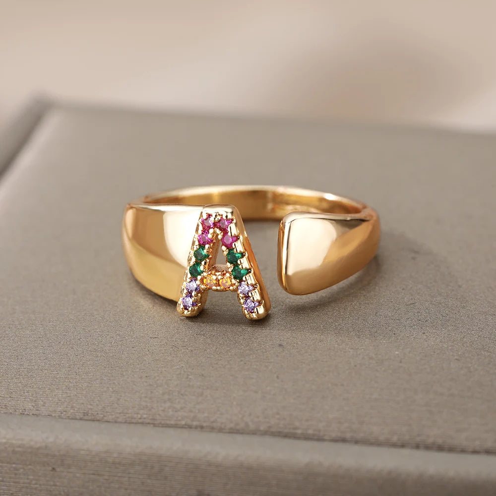 Rainbow Zircon Letter Rings For Women Fashion Chunky Wide Letter A-Z Stainless Steel Ring Wedding Boho Jewelry free shipping