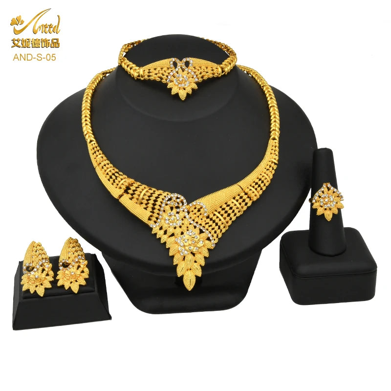 ANIID African Jewelry Set Big Necklace Dubai Ethiopian Gold Color Jewelery Earring Bracelet For Women Bridal Choker Wholesale