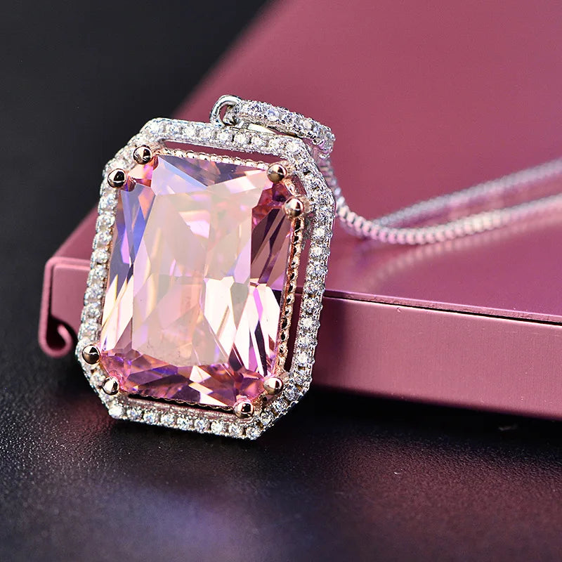 Top Quality Silver Jewelry Sets Pink Quartz Cubic Zircon Ring Earrings Necklace Wedding Exquisite Jewelry Wholesale FCGJHW