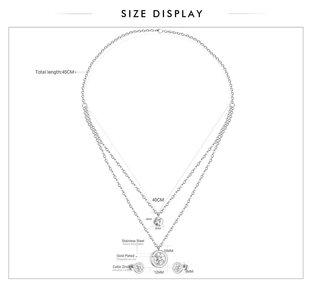 LUXUSTEEL Cubic Zirconia Jewelry Sets Stainless Steel Double Round Pendant Necklace Earring Sets Female Chain Jewelry Bijoux