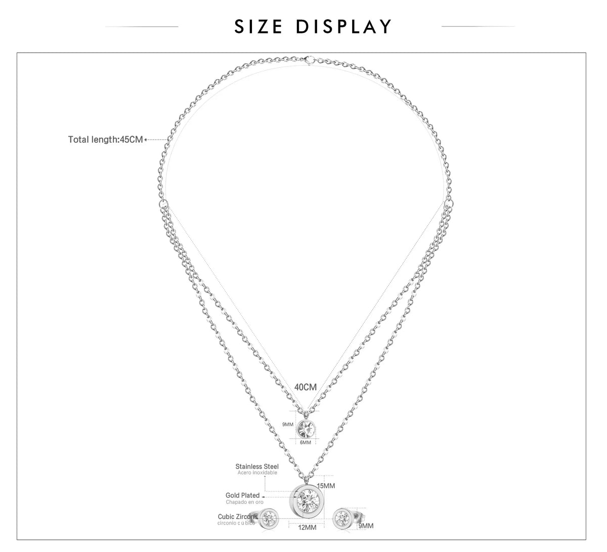 LUXUSTEEL Cubic Zirconia Jewelry Sets Stainless Steel Double Round Pendant Necklace Earring Sets Female Chain Jewelry Bijoux