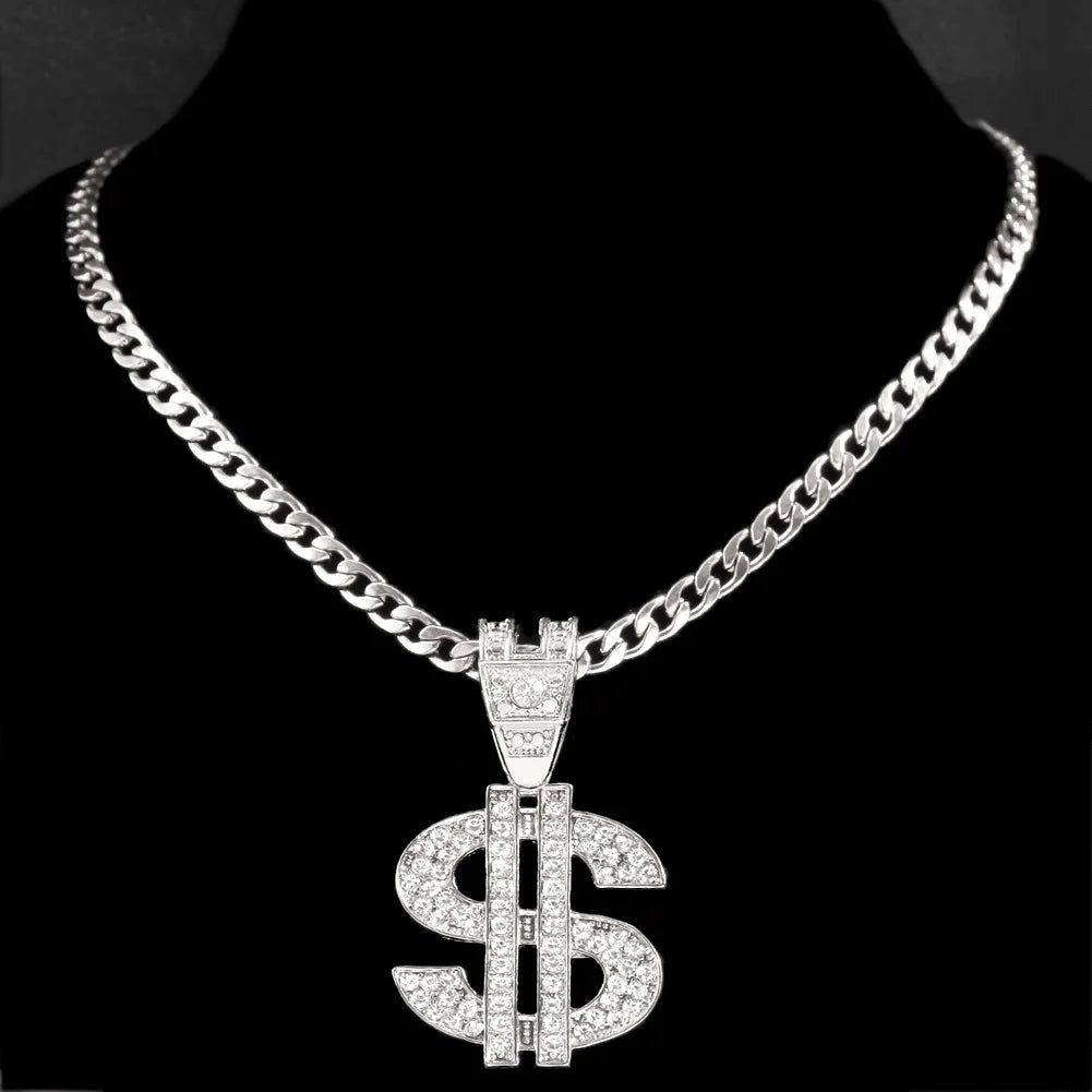 Bling Rhinestone Dollar Pendant Necklace For Men Silver Color Iced out 13mm Cuban Chain Choker Necklaces Hiphop Rap Rock Jewelry