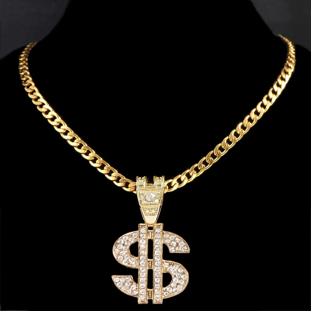 Bling Rhinestone Dollar Pendant Necklace For Men Silver Color Iced out 13mm Cuban Chain Choker Necklaces Hiphop Rap Rock Jewelry
