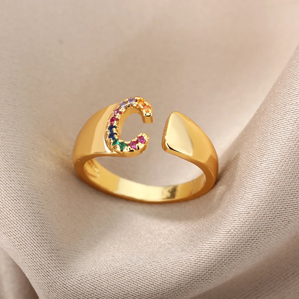 Rainbow Zircon Letter Rings For Women Fashion Chunky Wide Letter A-Z Stainless Steel Ring Wedding Boho Jewelry free shipping