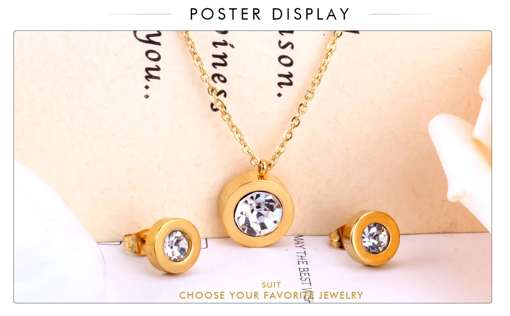LUXUSTEEL Cubic Zirconia Jewelry Sets Stainless Steel Double Round Pendant Necklace Earring Sets Female Chain Jewelry Bijoux