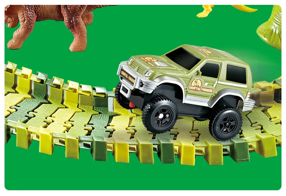 Dinosaur Themed Plastic Racing Track Set Bend Flexible Race Track with Electronic Car Educational Toys for Children