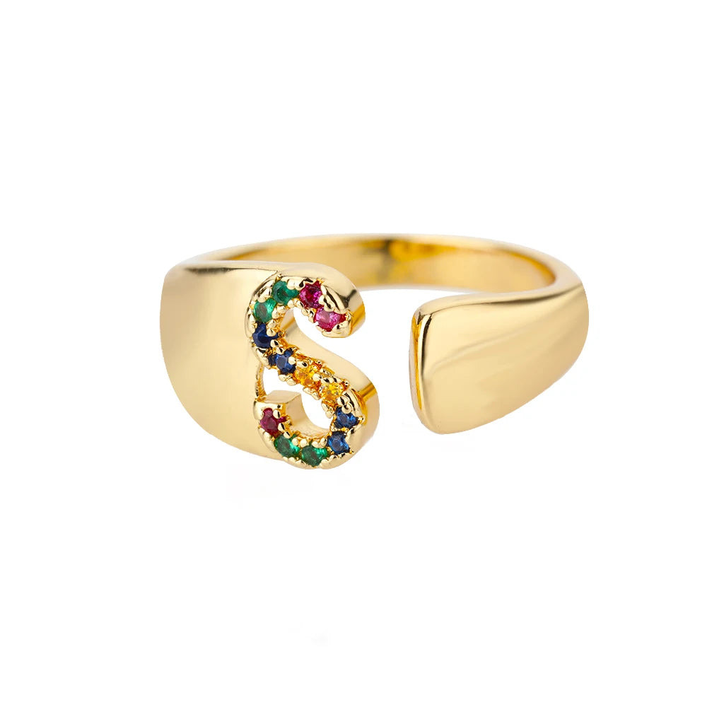 Rainbow Zircon Letter Rings For Women Fashion Chunky Wide Letter A-Z Stainless Steel Ring Wedding Boho Jewelry free shipping