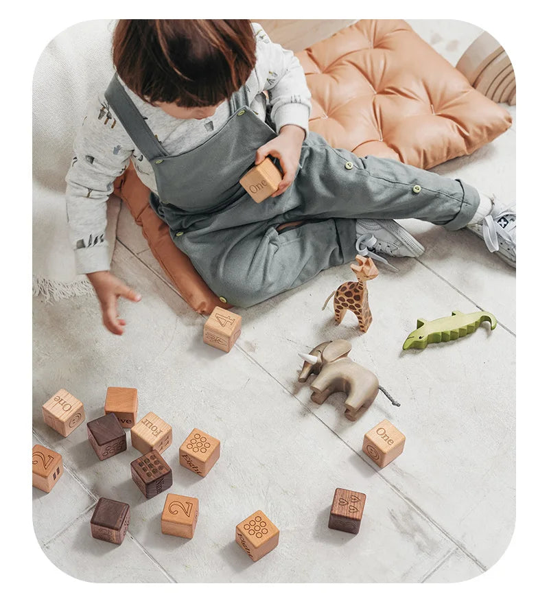 10pcs Baby Wooden Toys Educational Building Blocks 3D Stacking Block Teaching Numbers English Early Education Montessori Toys