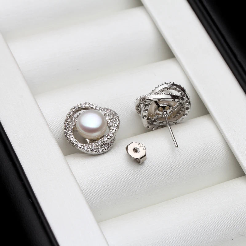 Real Cultured Natural Pearl Necklace Earring Set For Women,Elegant 925 Sterling Silver Pearl Earring Set Wife Anniversary White
