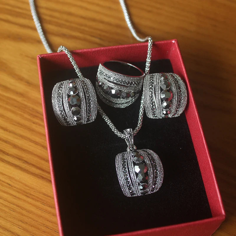 Size 6-10 Vintage Black Zircon Jewelry Sets Black Earrings Necklace Set Parure Bijoux Femme Dress Accessories