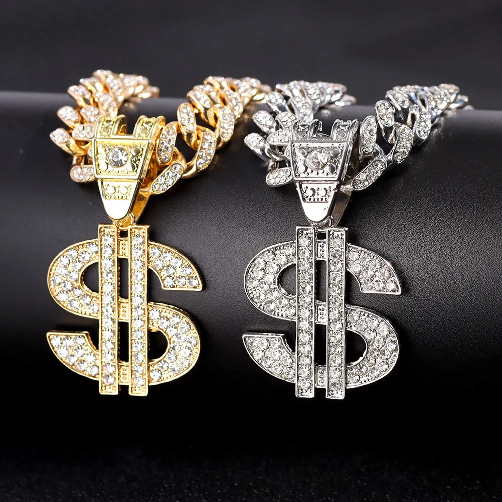 Bling Rhinestone Dollar Pendant Necklace For Men Silver Color Iced out 13mm Cuban Chain Choker Necklaces Hiphop Rap Rock Jewelry