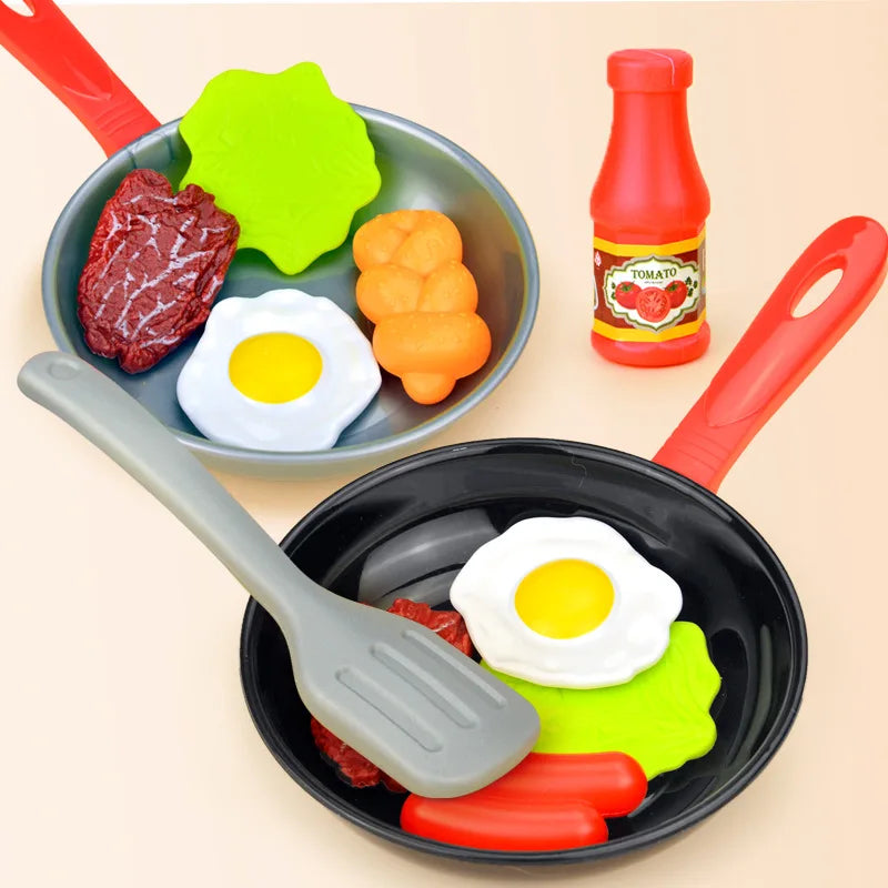 Children Kitchen Food Toys Simulation Frying Pan Vegetables Steak Bread Hot Dog Omelette Play Toy Set for Kids Girls Education