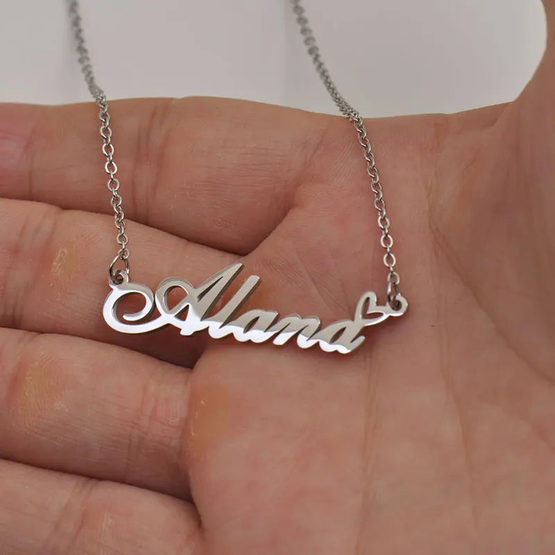 Tiff with Love Heart Name Necklace for Women Stainless Steel Jewelry Nameplate Pendant Femme Mother Child Girls Gift