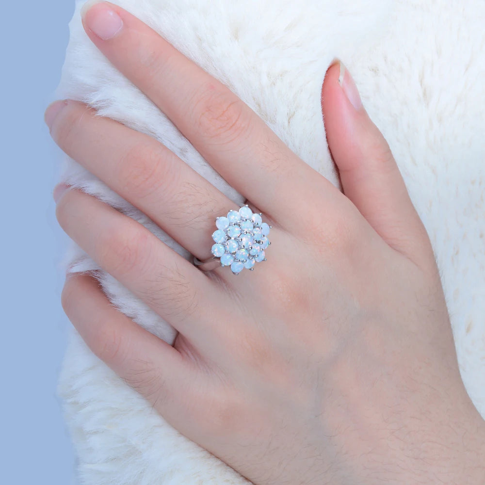 CiNily Luxury White Round Fire Opal Ring 925 Sterling Silver Flower Bloom Plant Big Ring Wedding Party Fashion Jewelry for Women