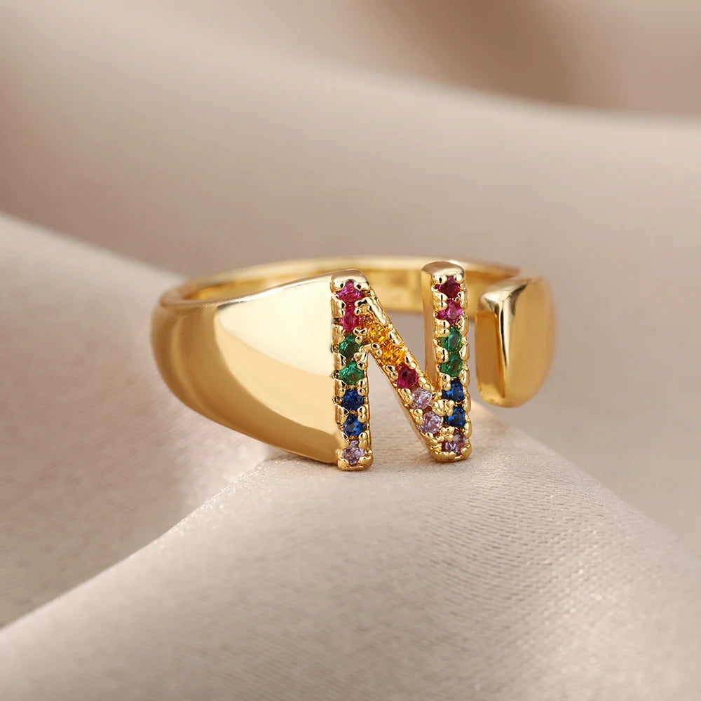 Rainbow Zircon Letter Rings For Women Fashion Chunky Wide Letter A-Z Stainless Steel Ring Wedding Boho Jewelry free shipping