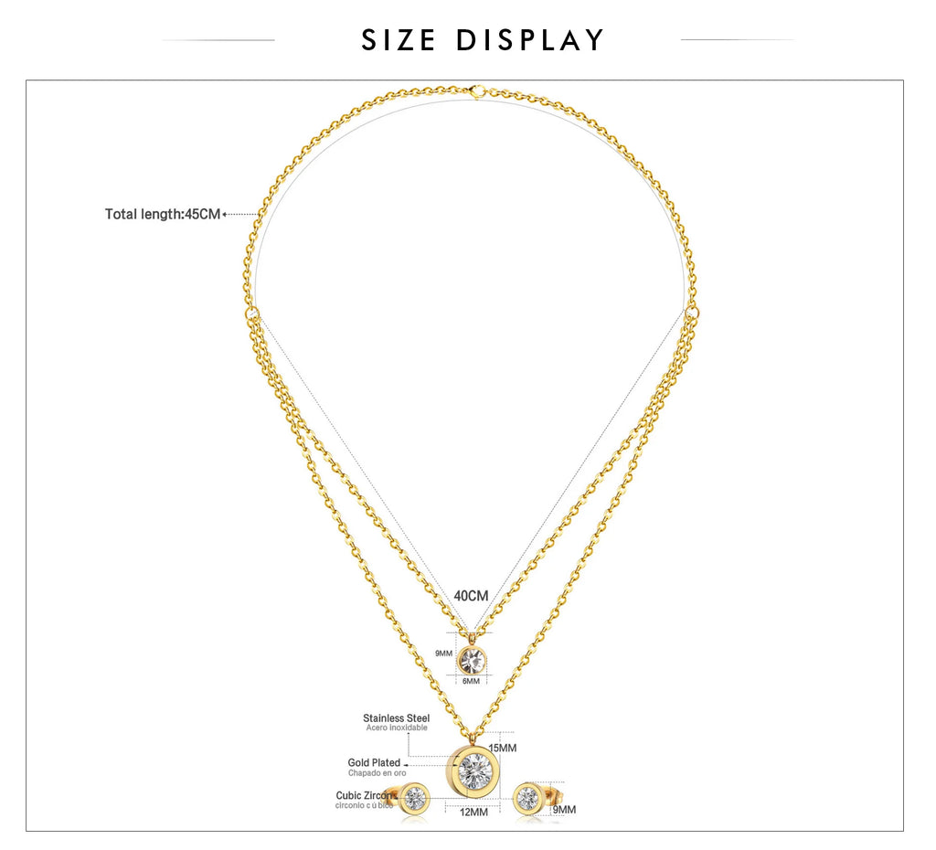 LUXUSTEEL Cubic Zirconia Jewelry Sets Stainless Steel Double Round Pendant Necklace Earring Sets Female Chain Jewelry Bijoux