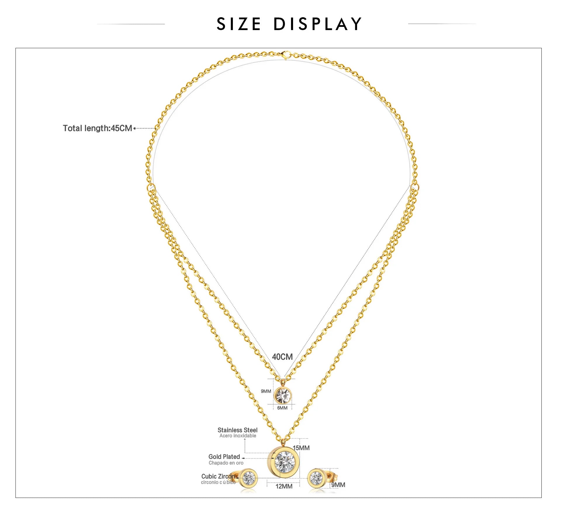 LUXUSTEEL Cubic Zirconia Jewelry Sets Stainless Steel Double Round Pendant Necklace Earring Sets Female Chain Jewelry Bijoux