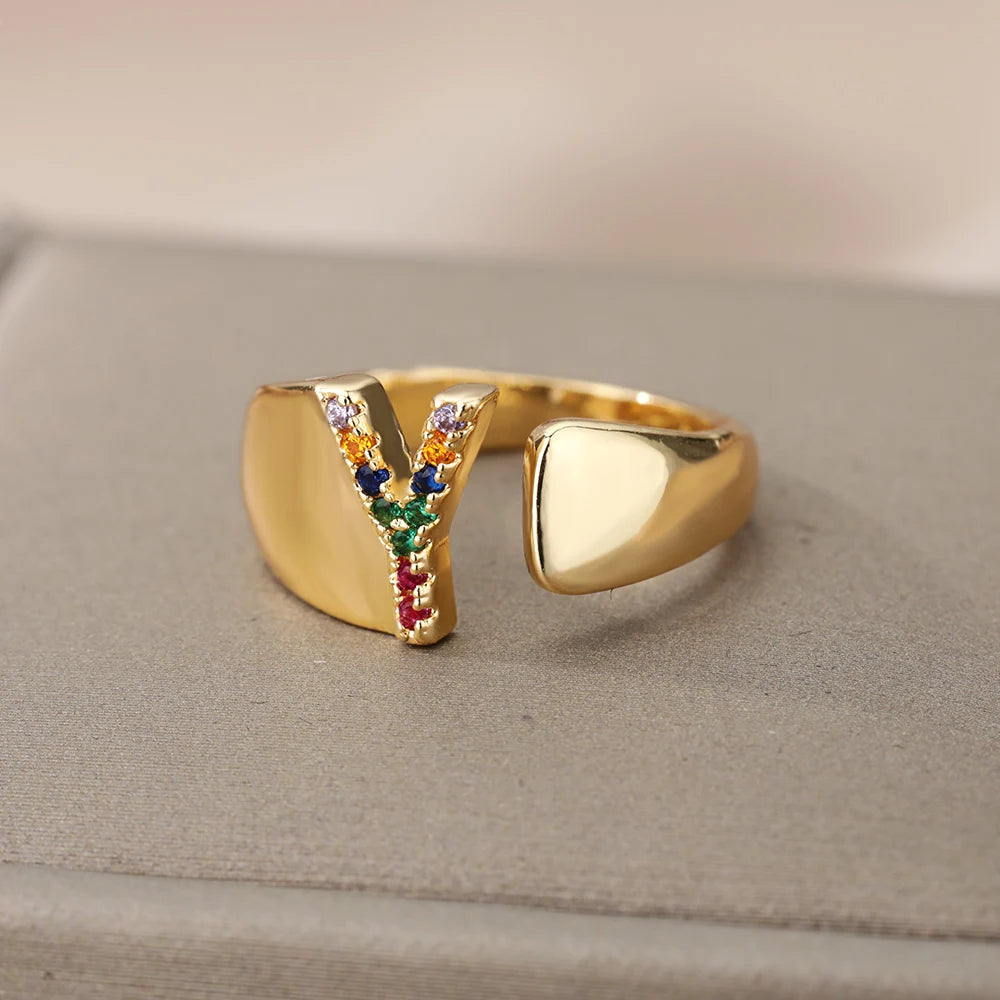 Rainbow Zircon Letter Rings For Women Fashion Chunky Wide Letter A-Z Stainless Steel Ring Wedding Boho Jewelry free shipping