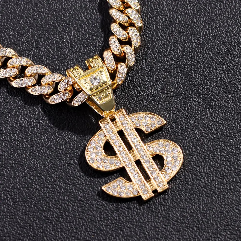 Bling Rhinestone Dollar Pendant Necklace For Men Silver Color Iced out 13mm Cuban Chain Choker Necklaces Hiphop Rap Rock Jewelry