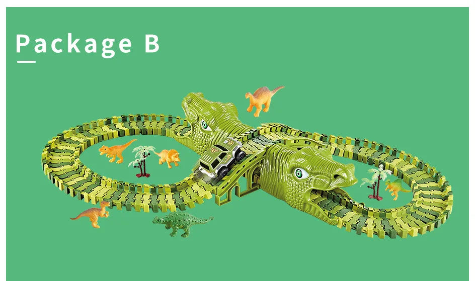Dinosaur Themed Plastic Racing Track Set Bend Flexible Race Track with Electronic Car Educational Toys for Children