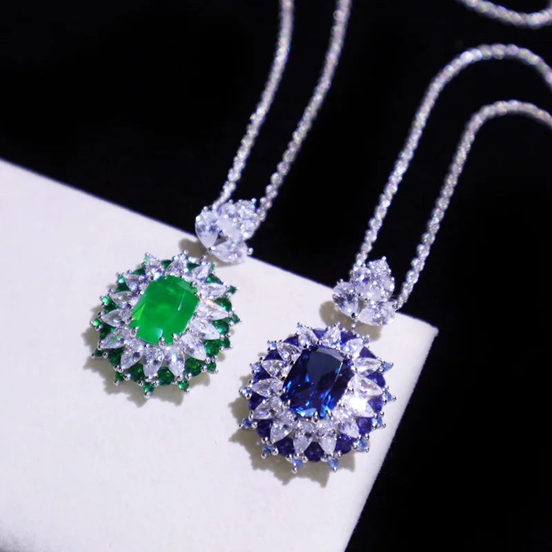 Foydjew Artificial Simulation Emerald Set Royal Sapphires Color Treasure Pendants Necklaces Open Rings Inlaid Stud Earrings