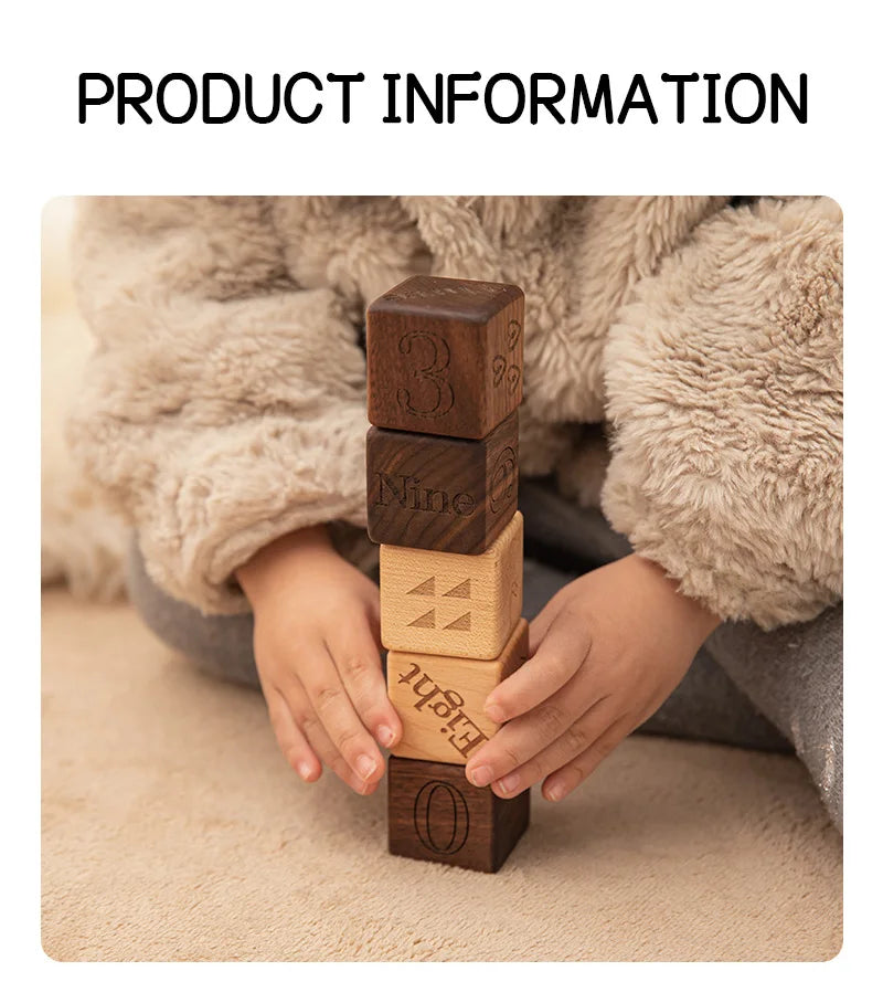 10pcs Baby Wooden Toys Educational Building Blocks 3D Stacking Block Teaching Numbers English Early Education Montessori Toys