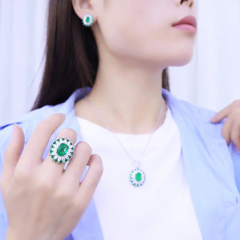 Foydjew Artificial Simulation Emerald Set Royal Sapphires Color Treasure Pendants Necklaces Open Rings Inlaid Stud Earrings