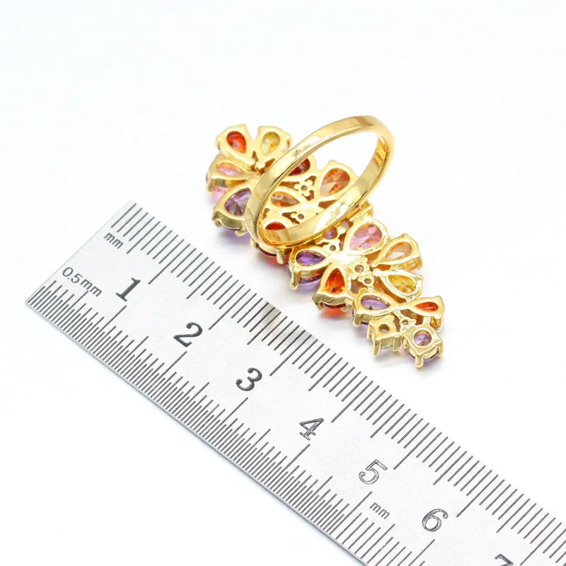 Luxury Multi Color Zirconia Gold Color wedding Jewelry Sets for Women Earrings Necklace Pendant Rings Gift Box