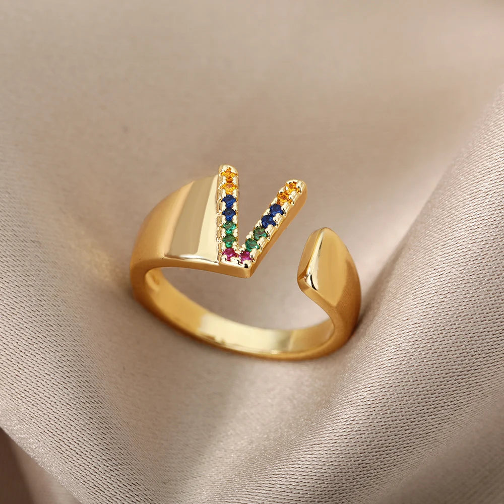 Rainbow Zircon Letter Rings For Women Fashion Chunky Wide Letter A-Z Stainless Steel Ring Wedding Boho Jewelry free shipping