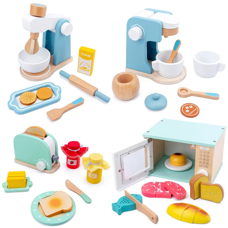 Wooden Kitchen Pretend Play Toy Simulation Wooden Coffee Machine Toaster Machine Food Mixer Baby Early Learning Educational Toys