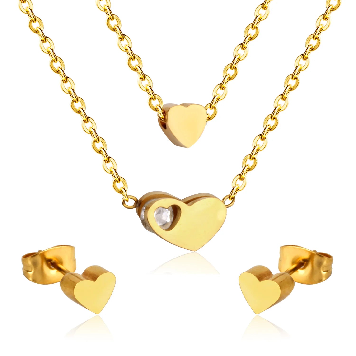 LUXUSTEEL Cubic Zirconia Jewelry Sets Stainless Steel Double Round Pendant Necklace Earring Sets Female Chain Jewelry Bijoux