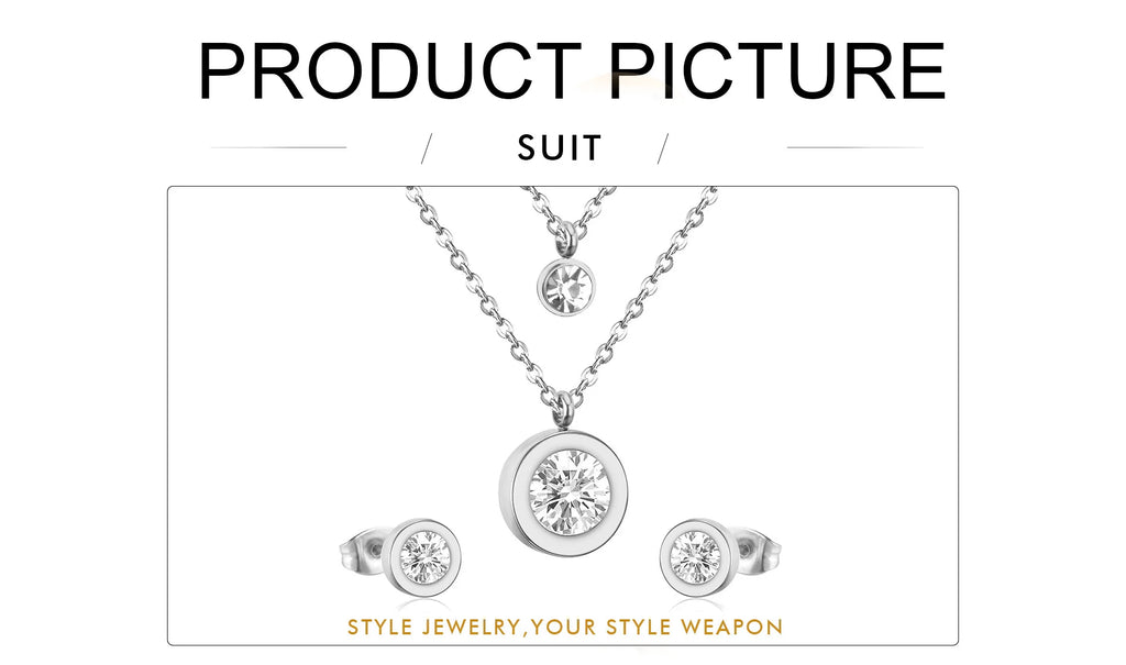 LUXUSTEEL Cubic Zirconia Jewelry Sets Stainless Steel Double Round Pendant Necklace Earring Sets Female Chain Jewelry Bijoux
