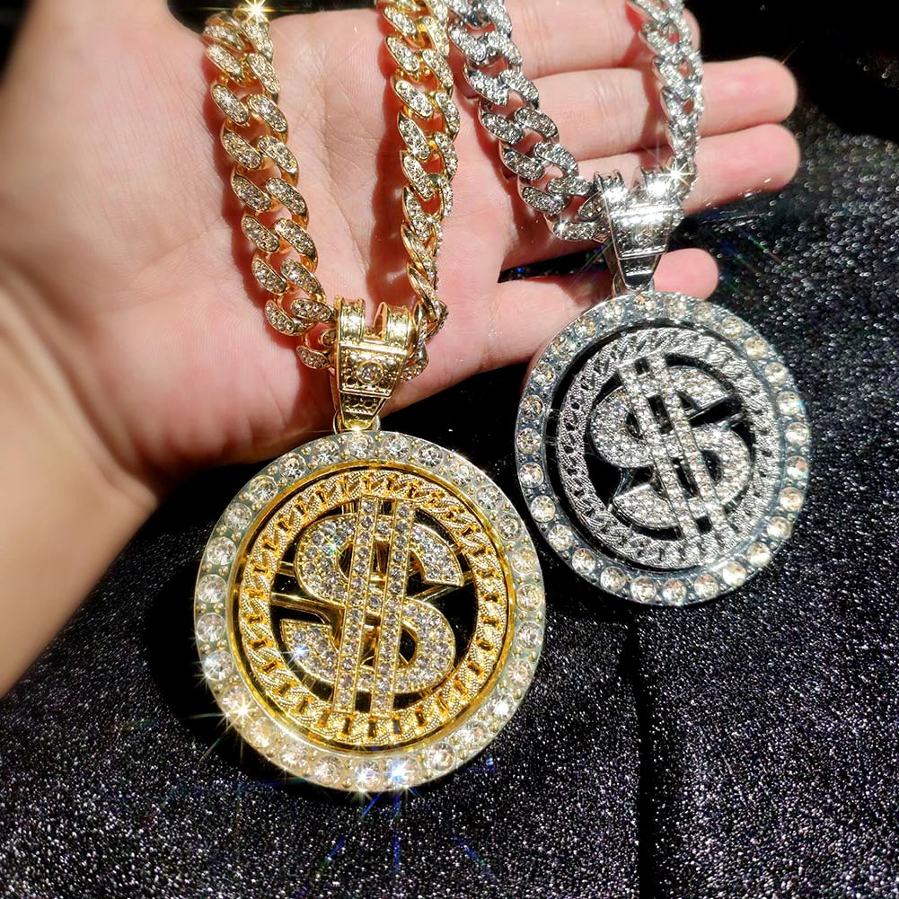 Bling Rhinestone Dollar Pendant Necklace For Men Silver Color Iced out 13mm Cuban Chain Choker Necklaces Hiphop Rap Rock Jewelry