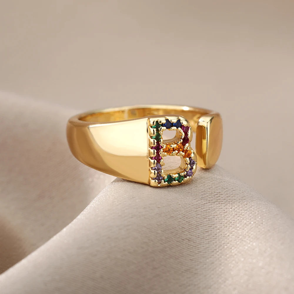 Rainbow Zircon Letter Rings For Women Fashion Chunky Wide Letter A-Z Stainless Steel Ring Wedding Boho Jewelry free shipping