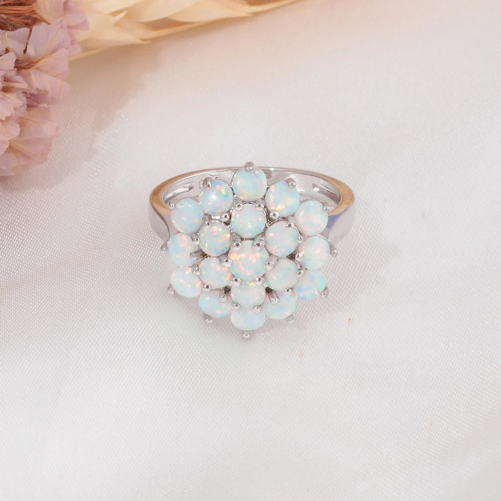 CiNily Luxury White Round Fire Opal Ring 925 Sterling Silver Flower Bloom Plant Big Ring Wedding Party Fashion Jewelry for Women