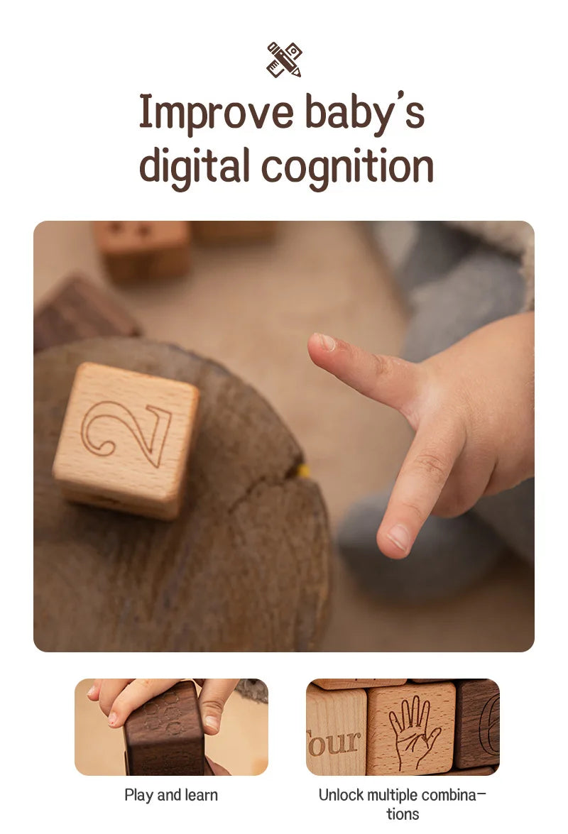 10pcs Baby Wooden Toys Educational Building Blocks 3D Stacking Block Teaching Numbers English Early Education Montessori Toys