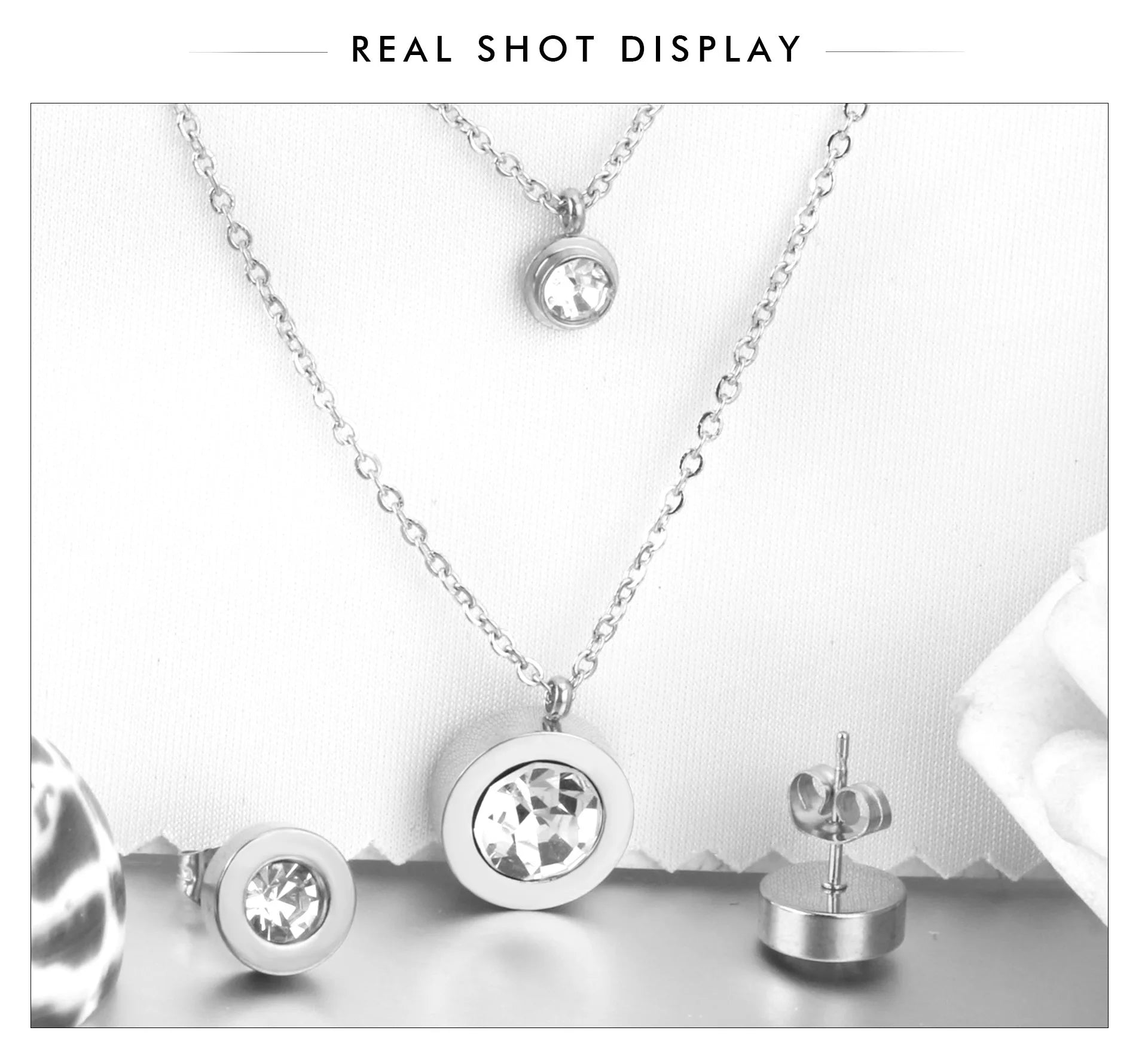 LUXUSTEEL Cubic Zirconia Jewelry Sets Stainless Steel Double Round Pendant Necklace Earring Sets Female Chain Jewelry Bijoux