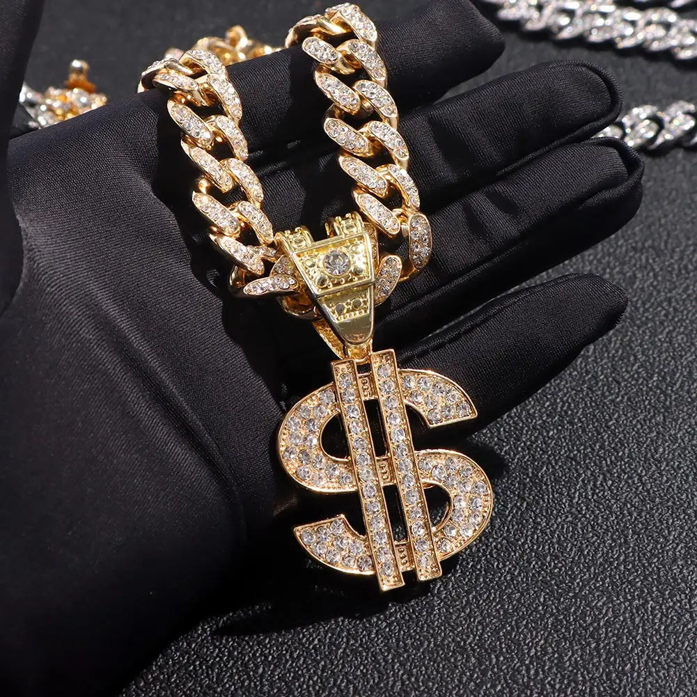 Bling Rhinestone Dollar Pendant Necklace For Men Silver Color Iced out 13mm Cuban Chain Choker Necklaces Hiphop Rap Rock Jewelry