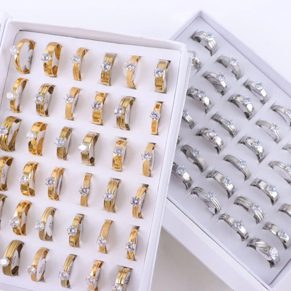 10/20/30/50Pcs/Lot Fashion Elegant Inlaid Stainless Steel Ring With Rhinestone High-end Women's Proposal Engagement Jewelry Gift