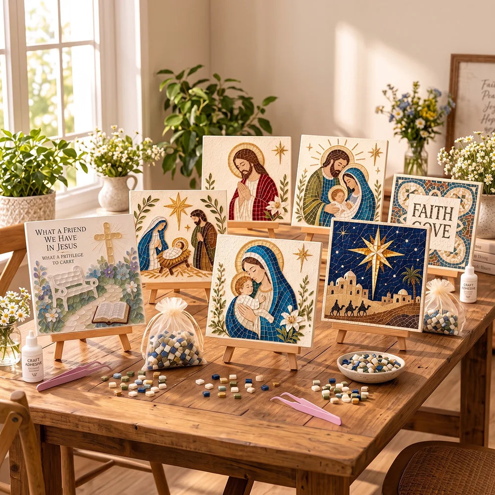 Religious Christmas Mosaic DIY Craft Kit, Glass Mosaic Tile Art Set with Easel, Glue & Tweezers, Kids Adult Handmade Decor Gift