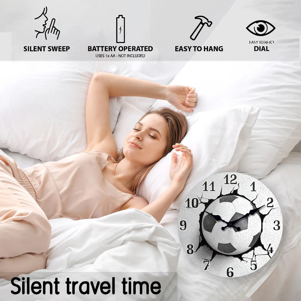 Creative and Unique Football Pattern Wooden Wall Clock for Living Room, Bedroom, Kitchen, Home Decoration, Silent Quartz Clock, Holiday Gift, 10 Inches, 12 Inches (No Battery)