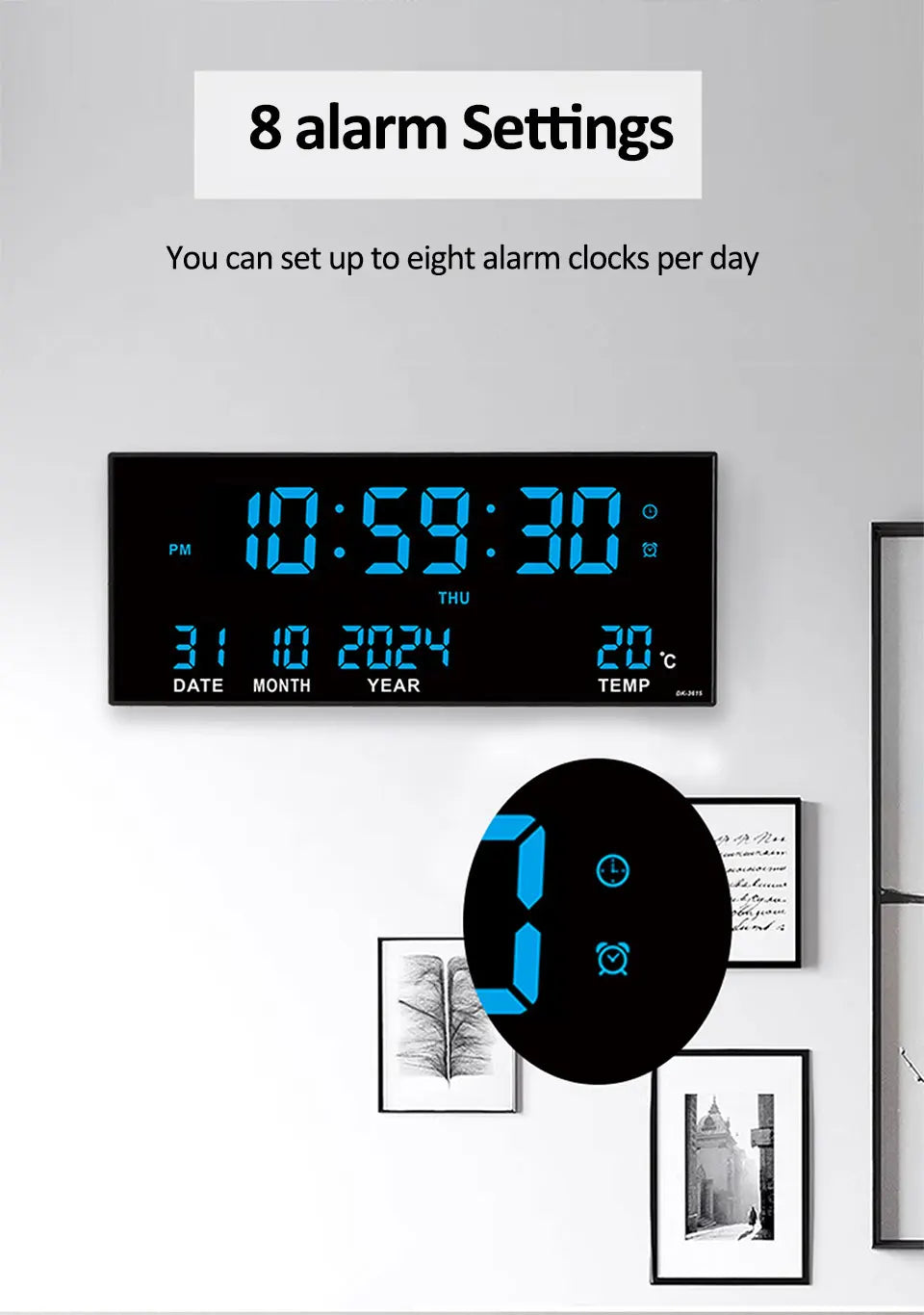 Digital Large Wall Clock Alarm Temperature Date Calendar Display 8 Sets of Alarm Clocks 14'' Electronic LED Clock Plug in Use