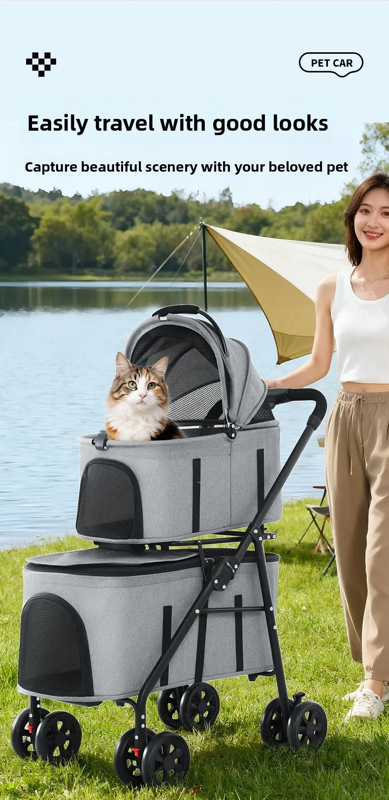 Double Pet Stroller with Detachable Carrier for Medium Small Dogs and Cats Durable Universal Wheels with Brakes Max for 30LBS