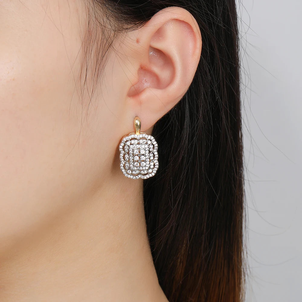Square hollow inlaid zircon earrings ring set copper plated 14K gold luxury fashion jewelry banquet wedding Christmas gift