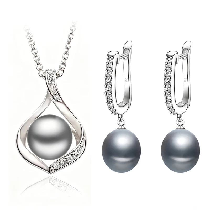 Real Natural Freshwater Pearl Necklace and Earrings Set For Women,Cute 925 Sterling Silver Pearl Jewelry Set Wedding Gift