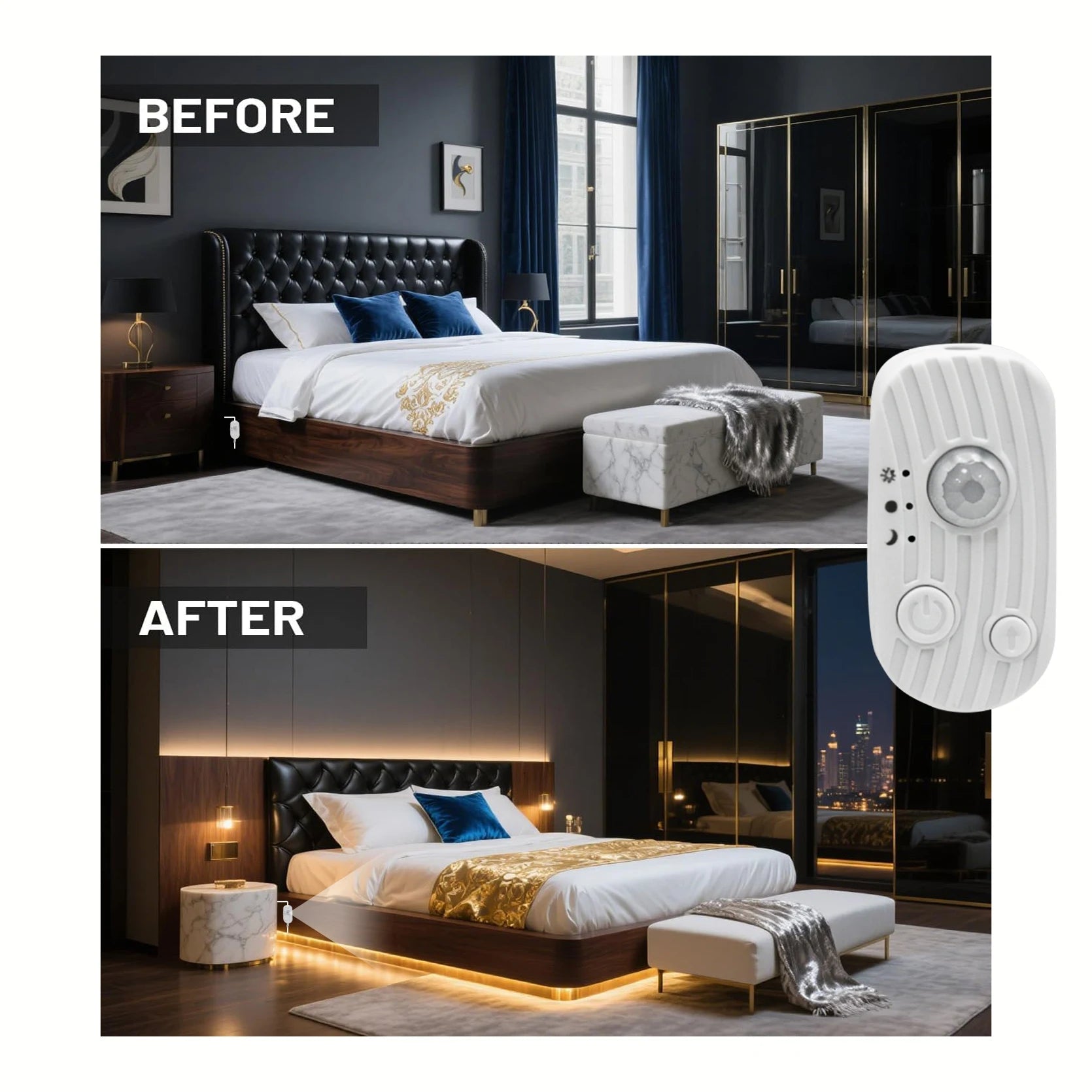 Suspended bed sensor LED light strip, low voltage 5V, USB powered, 1m to 20m, can be cut to any length, with a human body sensor switch that turns on when someone approaches. Night mode/day mode/constant light mode, su